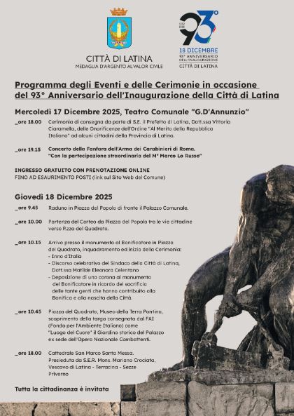 Gli appuntamenti per il 93° Anniversario dell’inaugurazione della Città di Latina