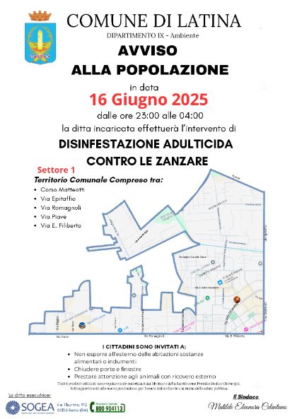Disinfestazione zanzare settore 1 - 16 giugno Disinfestazione zanzare settore 1 - 16 giugno