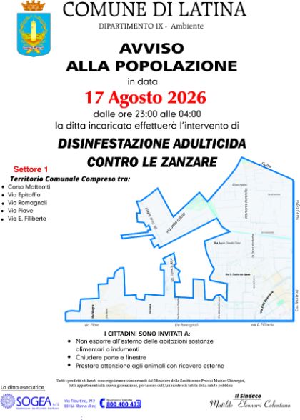 Disinfestazione adulticida contro le zanzare: interventi programmati dal 17 al 21 agosto