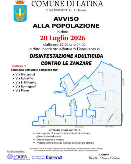 Disinfestazione adulticida contro le zanzare: interventi programmati dal 20 al 24 luglio