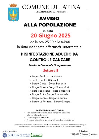 Disinfestazione zanzare settore 5 - 20 giugno Disinfestazione zanzare settore 5 - 20 giugno