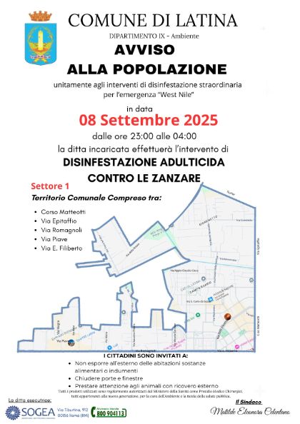 Interventi di disinfestazione adulticida contro le zanzare - settembre 2025 Interventi di disinfestazione adulticida contro le zanzare - settembre 2025