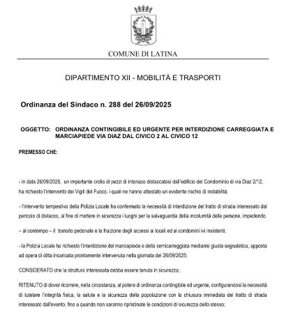 Ordinanza per interdizione carreggiata e marciapiede in via Diaz