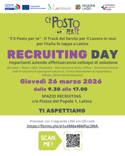 “C’è Posto per te” - A Latina il Truck dei Servizi per il Lavoro in tour per l’Italia per contrastare il mismatch