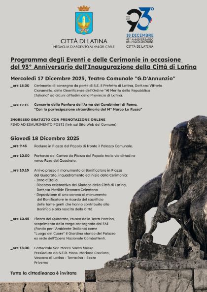 Programma degli Eventi e delle Cerimonie in occasione del 93° Anniversario dell'Inaugurazione della Città di Latina